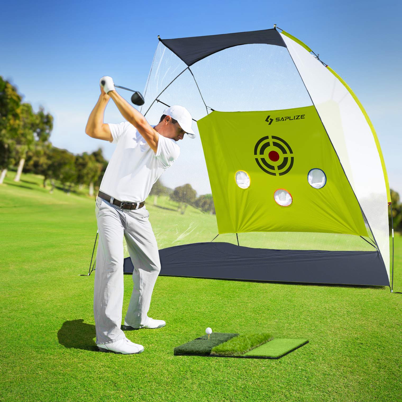 SAPLIZE Impact-Resistant Golf Net for Backyard Driving, 20% Larger Opening Area Golf Practice Net, Highly Stable Golf Hitting Net with Tri-Turf Mat for Indoor Outdoor Training