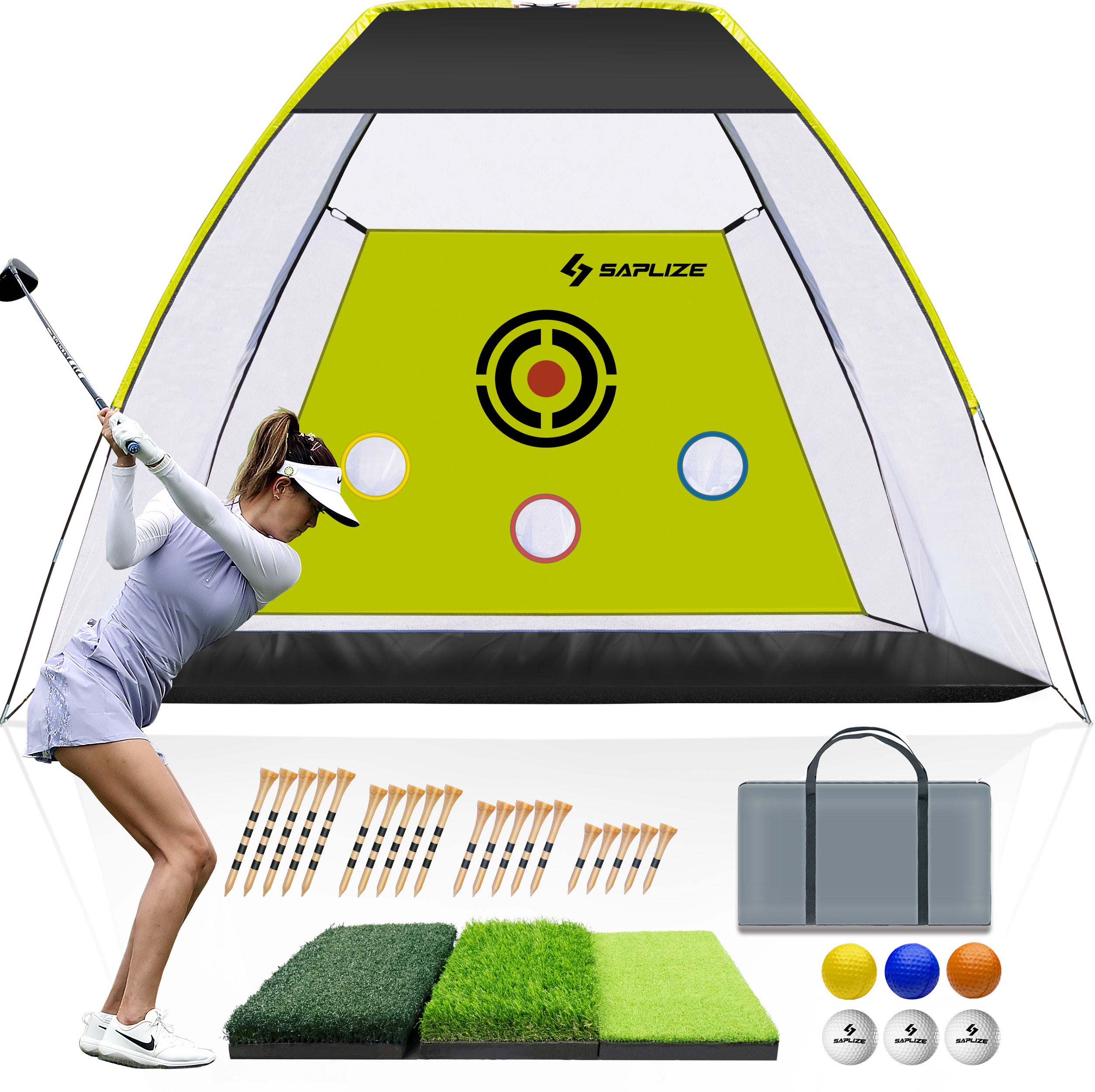 SAPLIZE Indoor Outdoor Golf Practice Net with Hitting Mat, 10x7ft Large Size