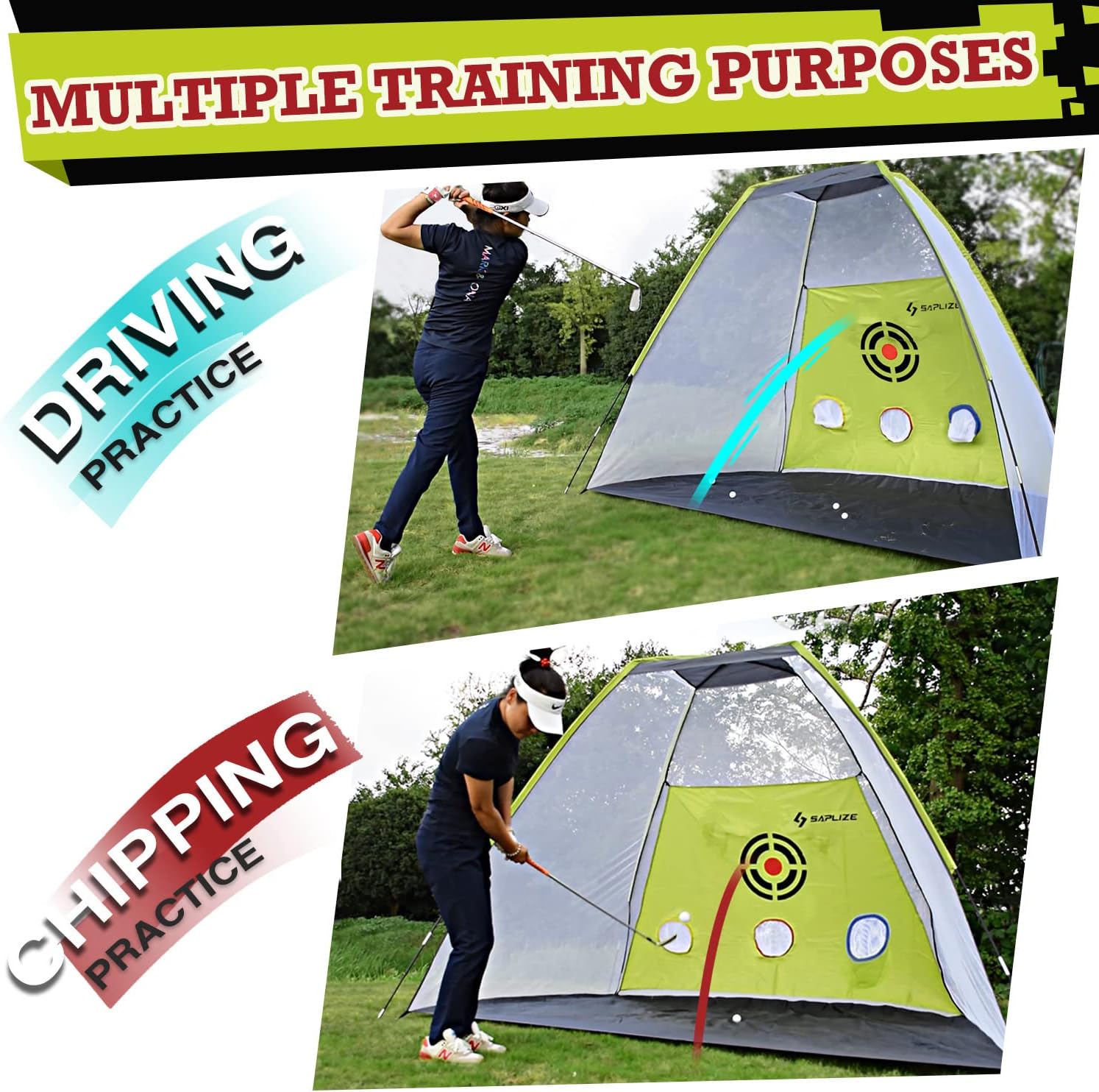 SAPLIZE Innovative Golf Practice Net, 10 x 7 ft High Impact Golf Hitting Aid Net with Golf Mat, Tees and Balls for Backyard Driving, Chipping