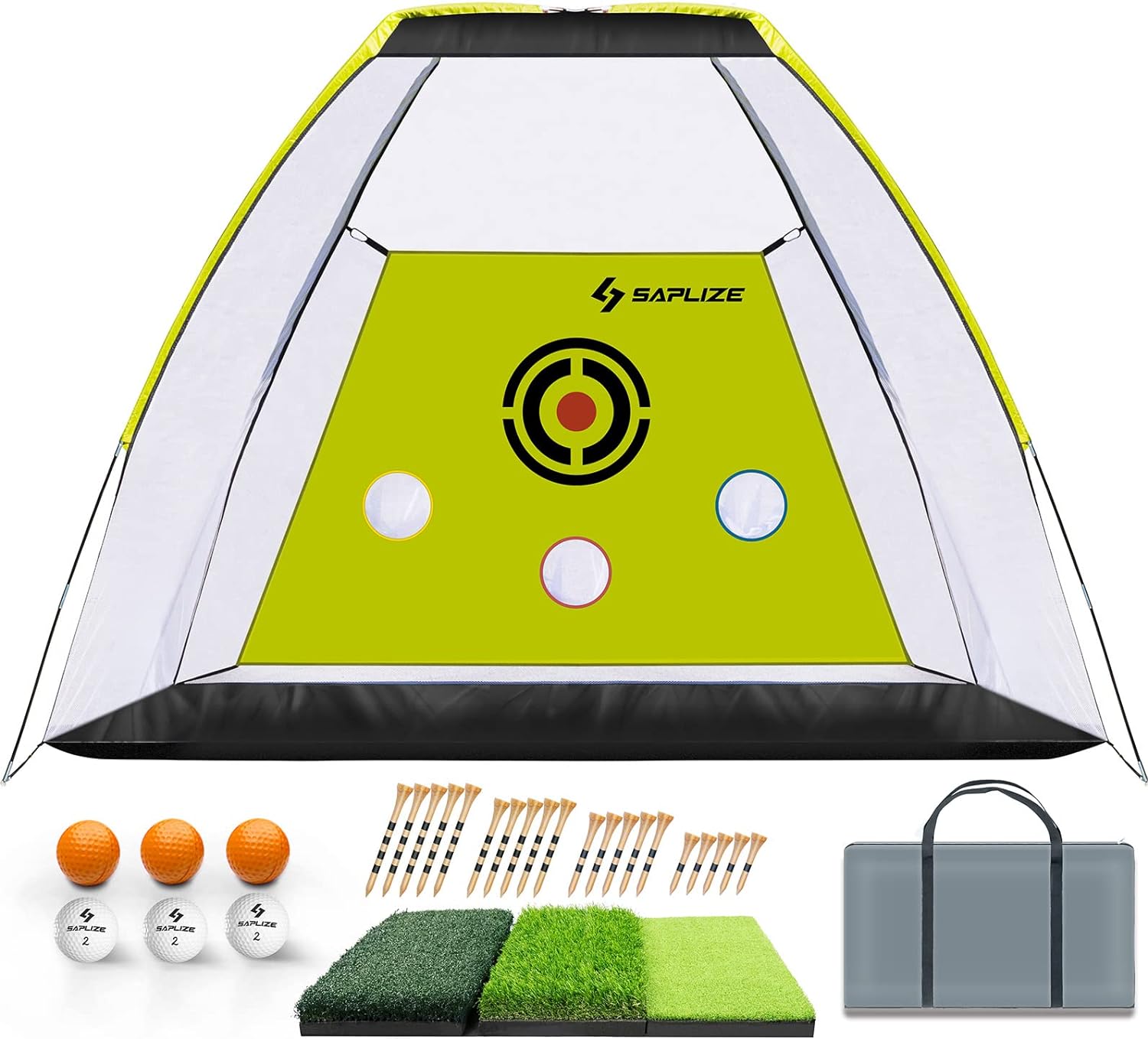 SAPLIZE Innovative Golf Practice Net, 10 x 7 ft High Impact Golf Hitting Aid Net with Golf Mat, Tees and Balls for Backyard Driving, Chipping