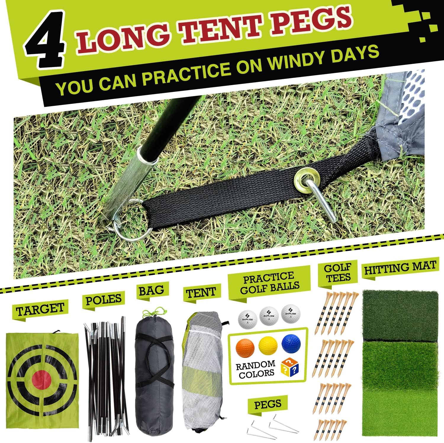 SAPLIZE Innovative Golf Practice Net, 10 x 7 ft High Impact Golf Hitting Aid Net with Golf Mat, Tees and Balls for Backyard Driving, Chipping