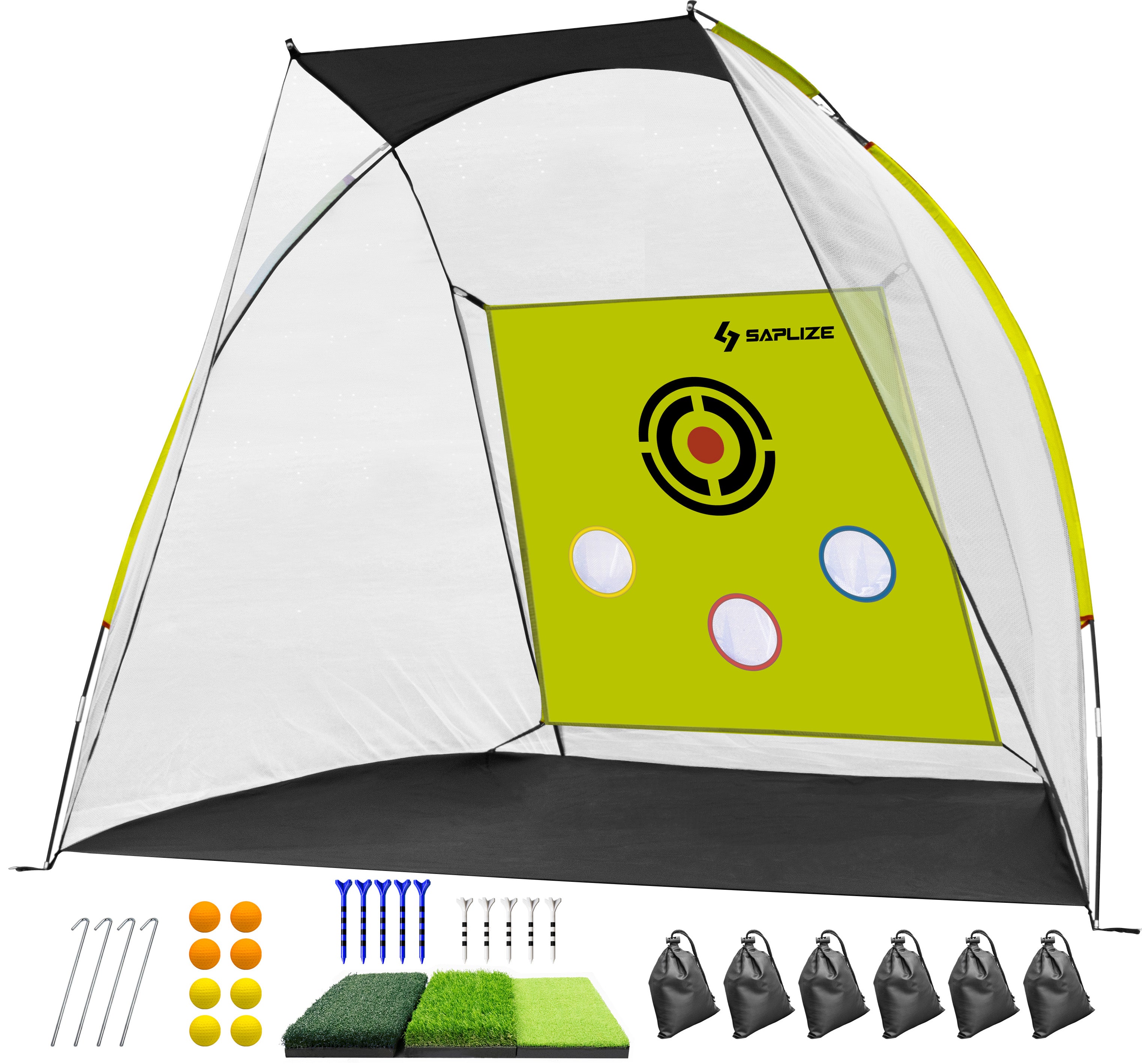 SAPLIZE Impact-Resistant Golf Net for Backyard Driving, 20% Larger Opening Area Golf Practice Net, Highly Stable Golf Hitting Net with Tri-Turf Mat for Indoor Outdoor Training
