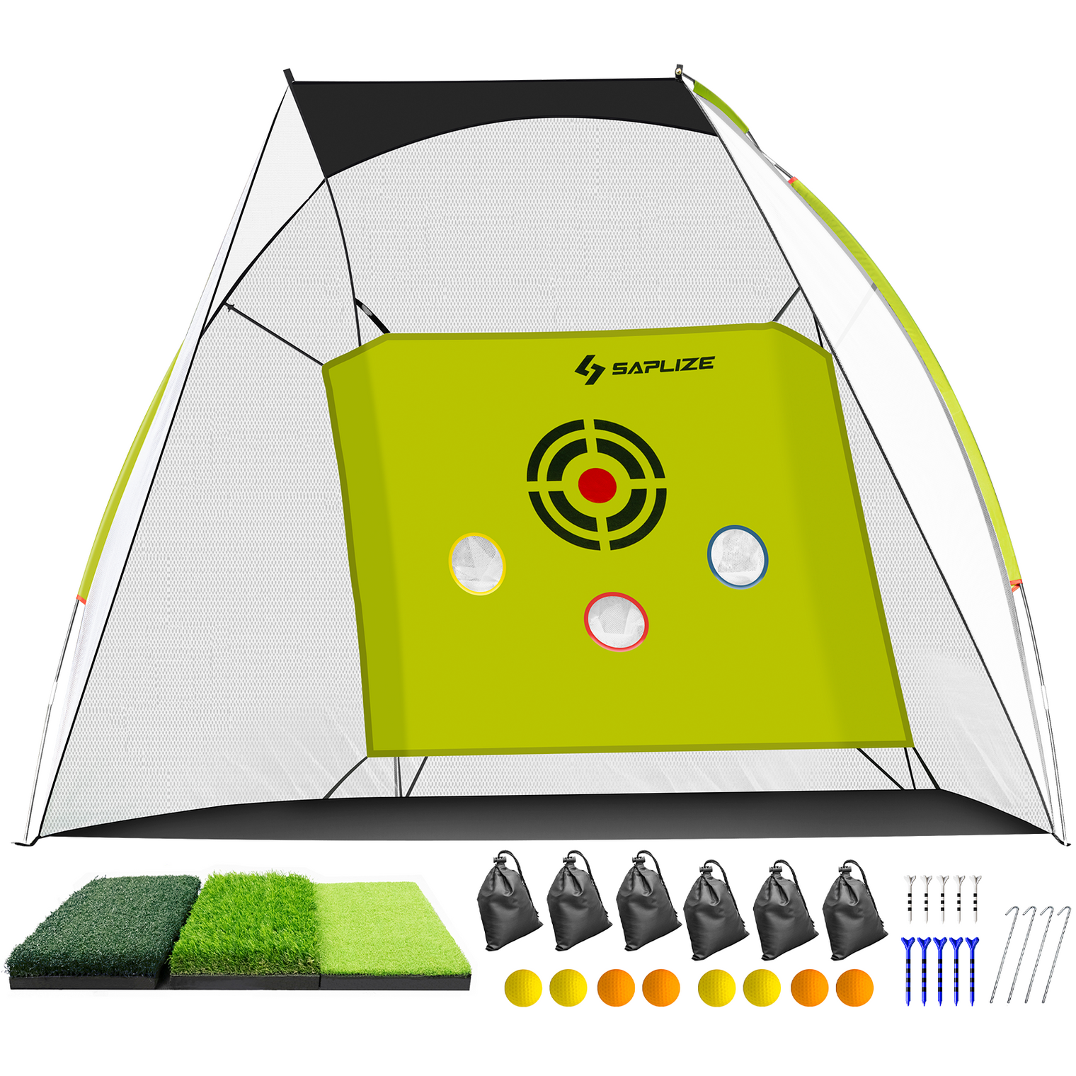 SAPLIZE Impact-Resistant Golf Net for Backyard Driving, 20% Larger Opening Area Golf Practice Net, Highly Stable Golf Hitting Net with Tri-Turf Mat for Indoor Outdoor Training