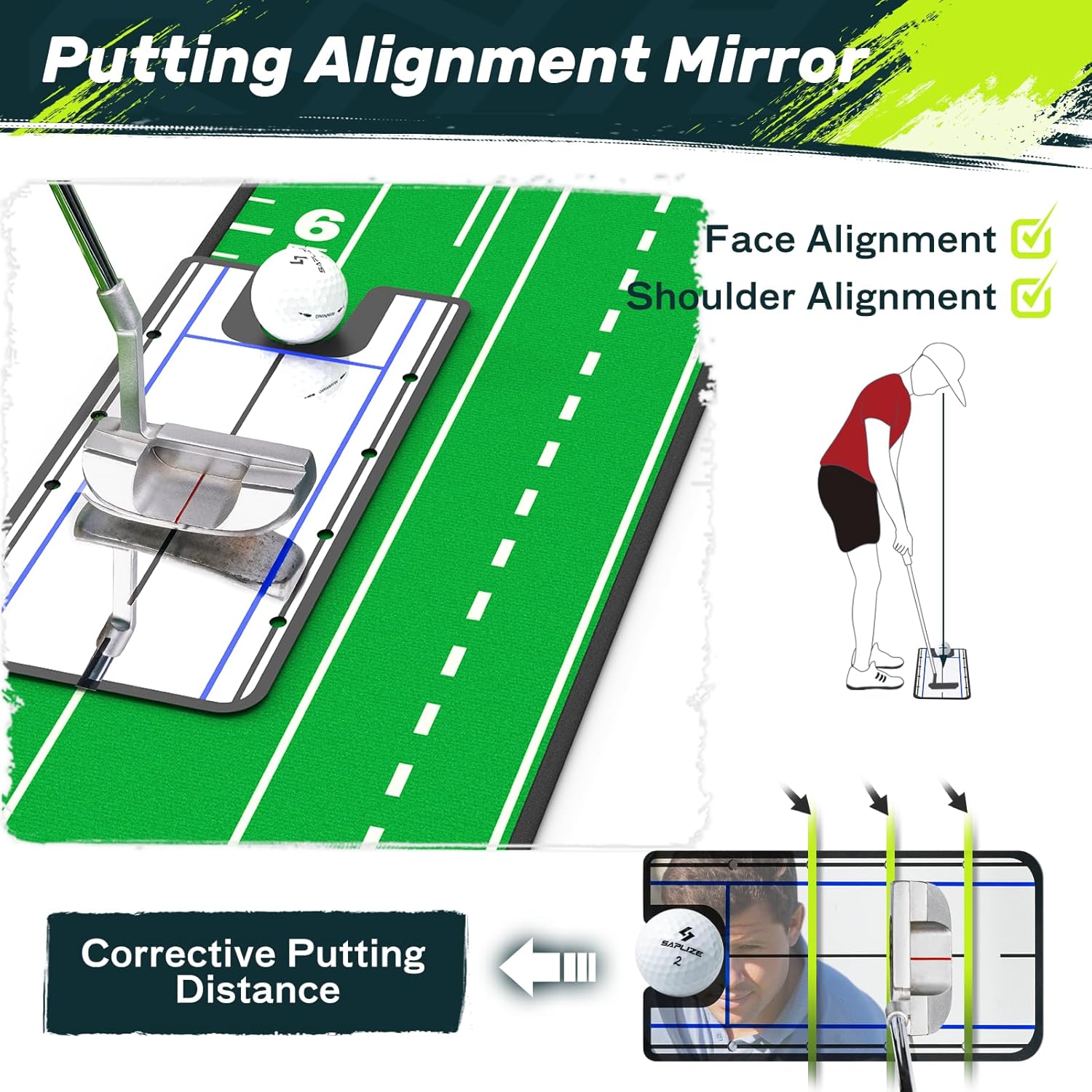 SAPLIZE Portable Putting Mat with Automatic Ball Return - Golf Practice Green with Mirror - Improve Accuracy Indoors or Outdoors