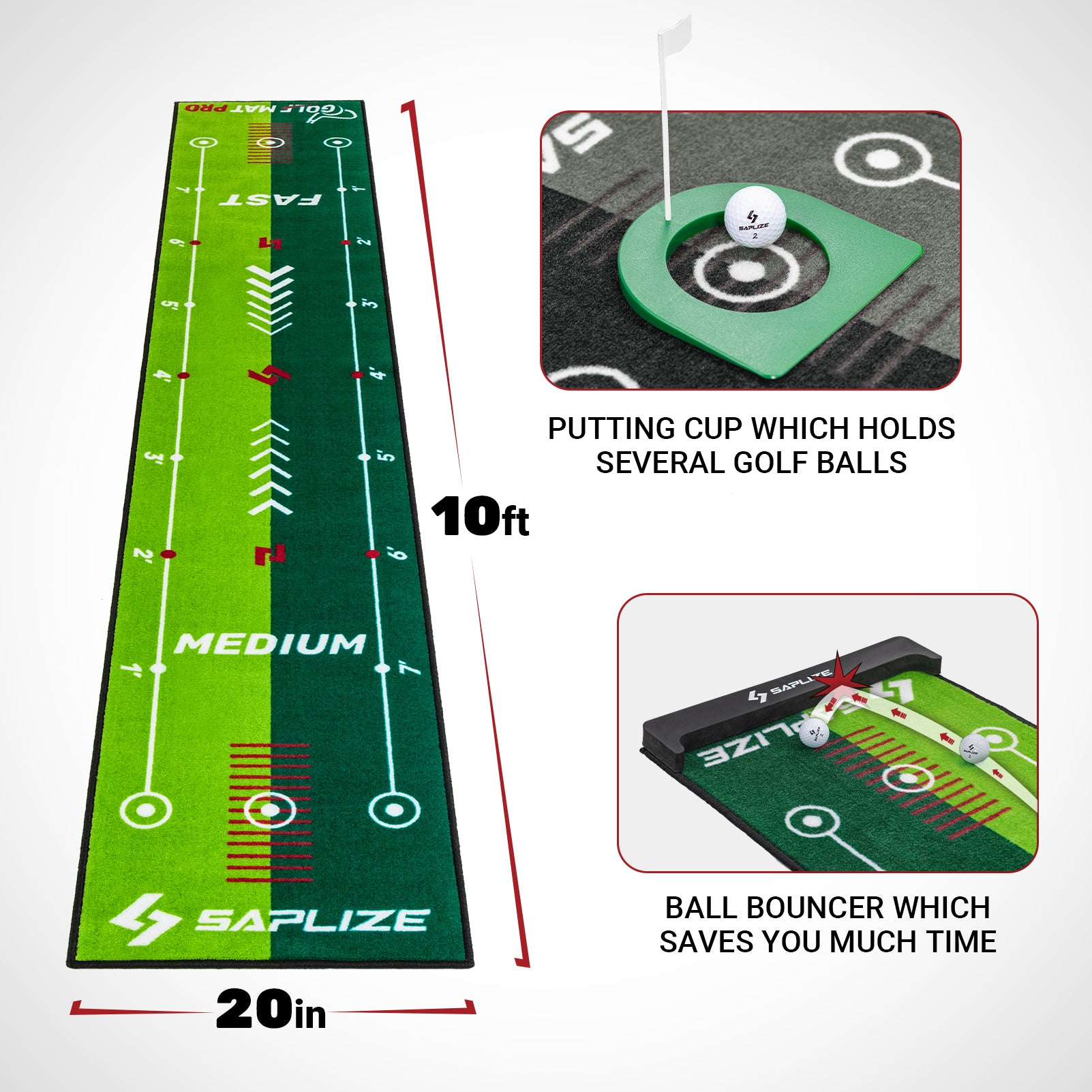 SAPLIZE Two-Speed Golf Putting Practice Mat with Putting Alignment Mirror, 20 in X 10 ft