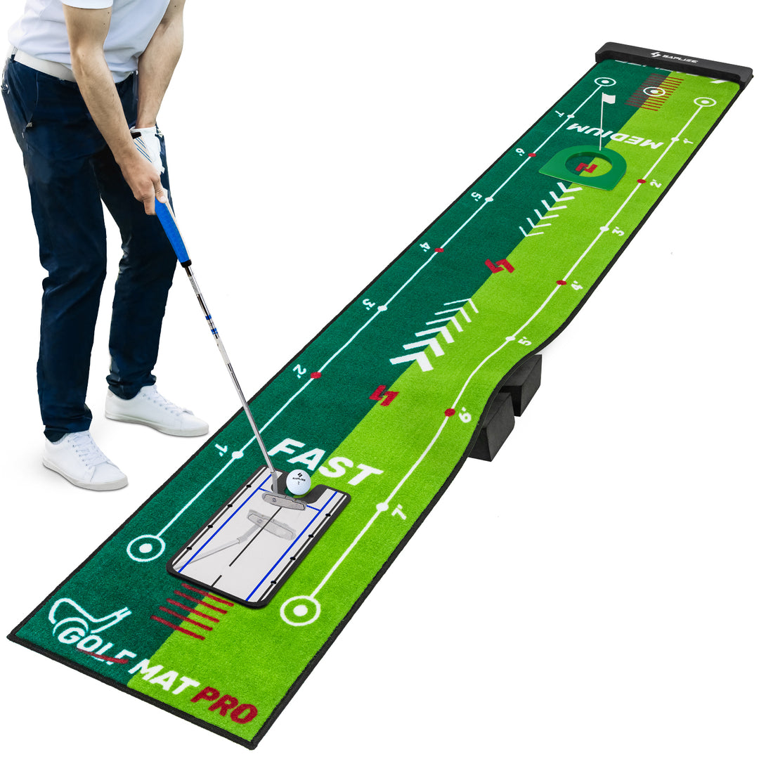 SAPLIZE Two-Speed Golf Putting Practice Mat with Putting Alignment Mirror, 20 in X 10 ft