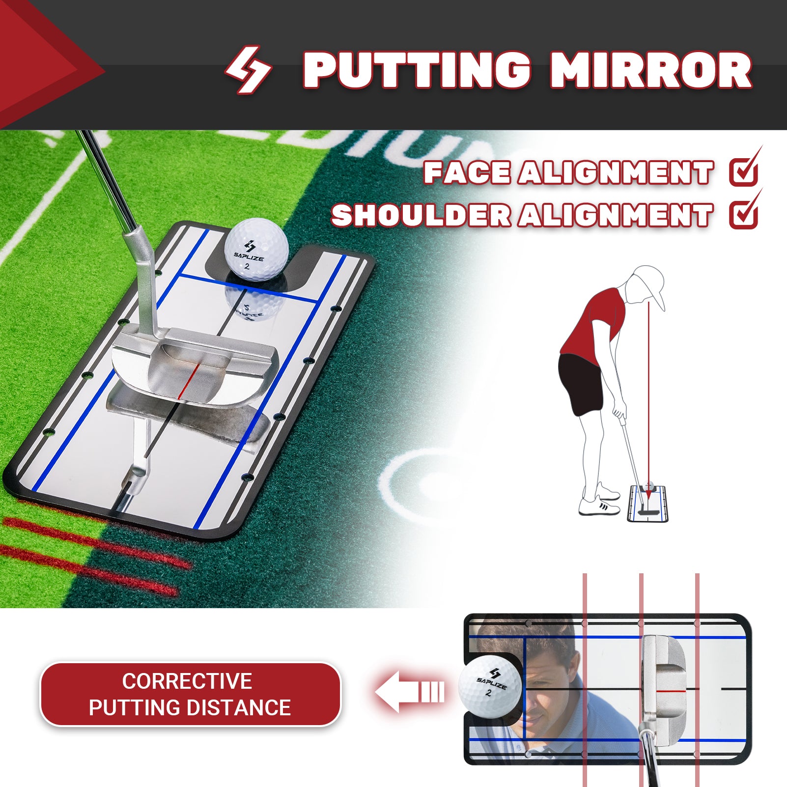 SAPLIZE Two-Speed Golf Putting Practice Mat with Putting Alignment Mirror, 20 in X 10 ft